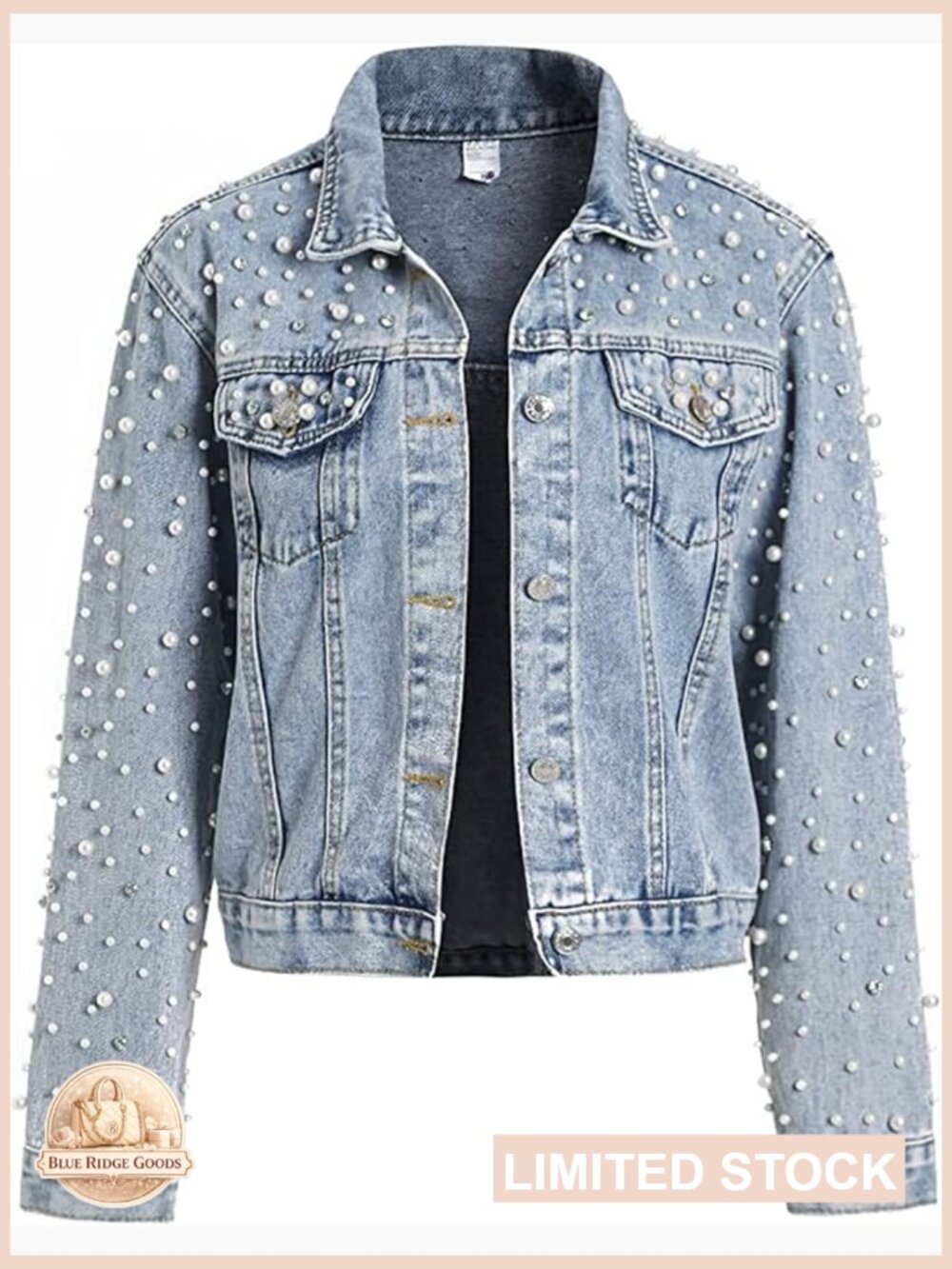 Pearl-Embellished Light Blue Denim Jacket - Women